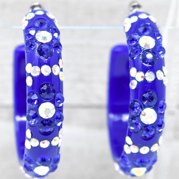 2" Flower Pattern Royal Lucite Rhinestone Earrings - Picture 11 of 12